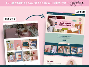 Before and after comparison of a website design transformation using the Book Club Shopify theme on a pink background.
