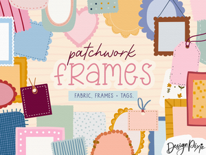 Colorful patchwork frames and fabric svg graphics with 'patchwork frames' text.