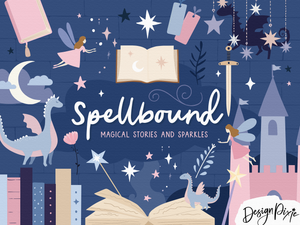 Illustrated SVGs in the 'Spellbound' graphics collection with magical elements like dragons, fairies, and stars on a blue background.