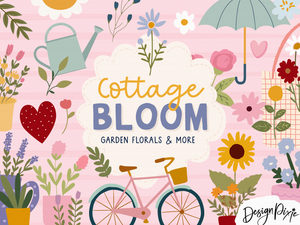 Cute flower svg graphics with elements for Canva, including pretty flower pots, sunflowers, bike, gardening tools