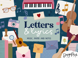 Illustrated cover with musical instruments, paper, and text 'Letters & Lyrics' on a blue background.