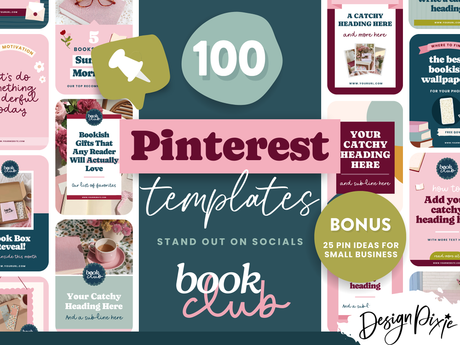Bookish Pinterest templates for Canva designed for book bloggers and book merch sellers