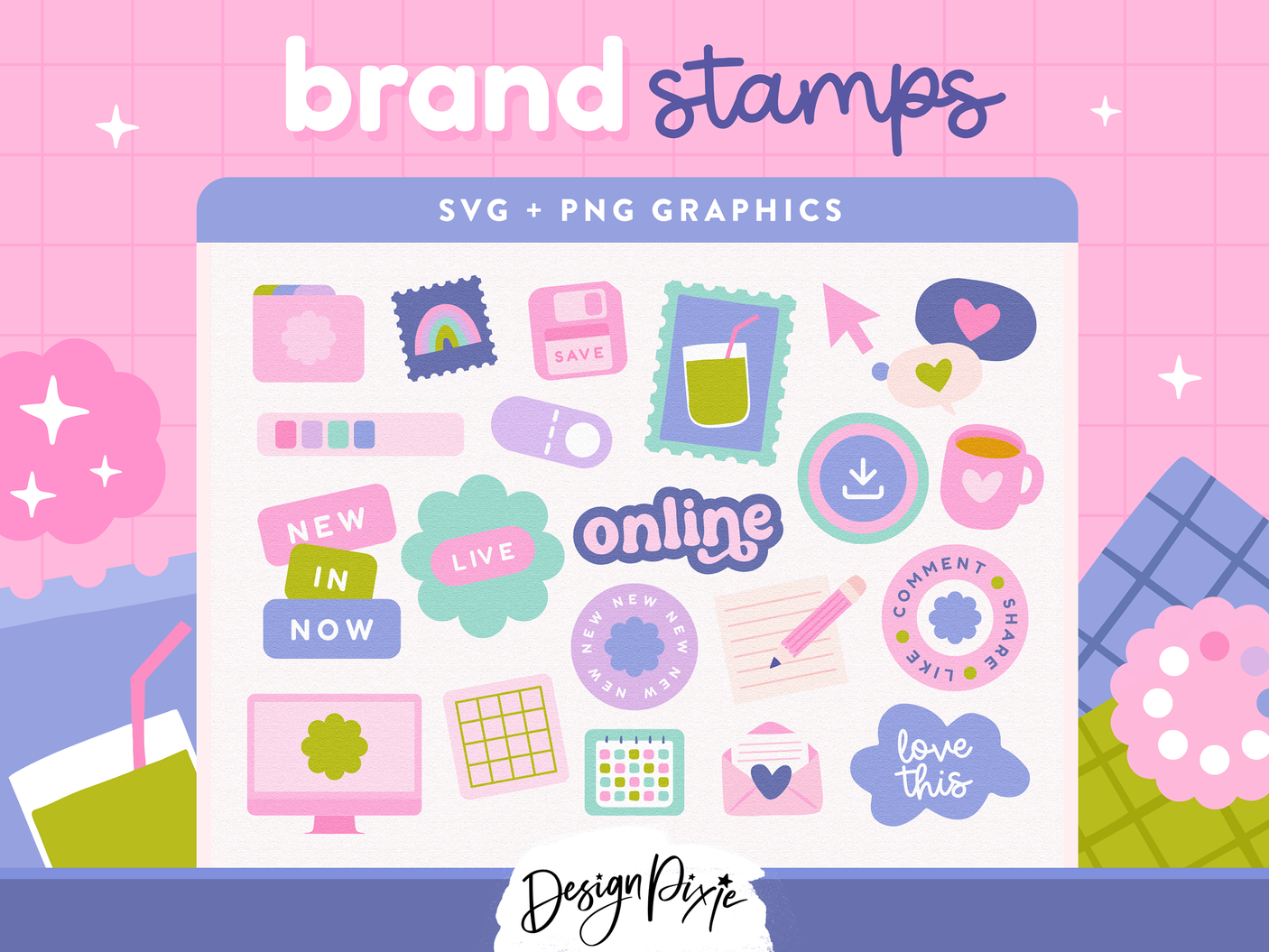 Colorful digital branding stamps with creative brand marks for small business