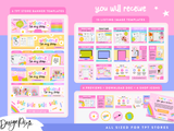 A promotional graphic for digital TPT store banner and listing image templates. The design shows multiple pastel pink, yellow, blue, and white template previews arranged on a pink and lavender background, with text reading 'you will receive,' '4 TPT STORE BANNER TEMPLATES,' '15 LISTING IMAGE TEMPLATES,' '4 PREVIEWS • DOWNLOAD DOC • 4 SHOP ICONS,' and 'ALL SIZED FOR TPT STORES.