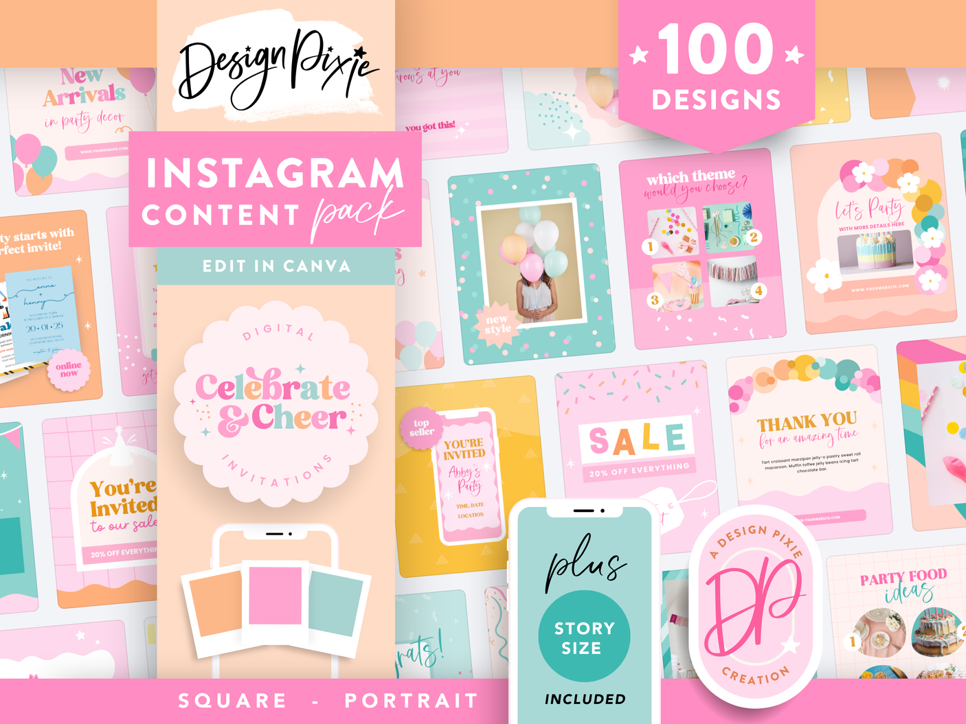 Bright party Instagram templates to edit in Canva with balloons, confetti and more