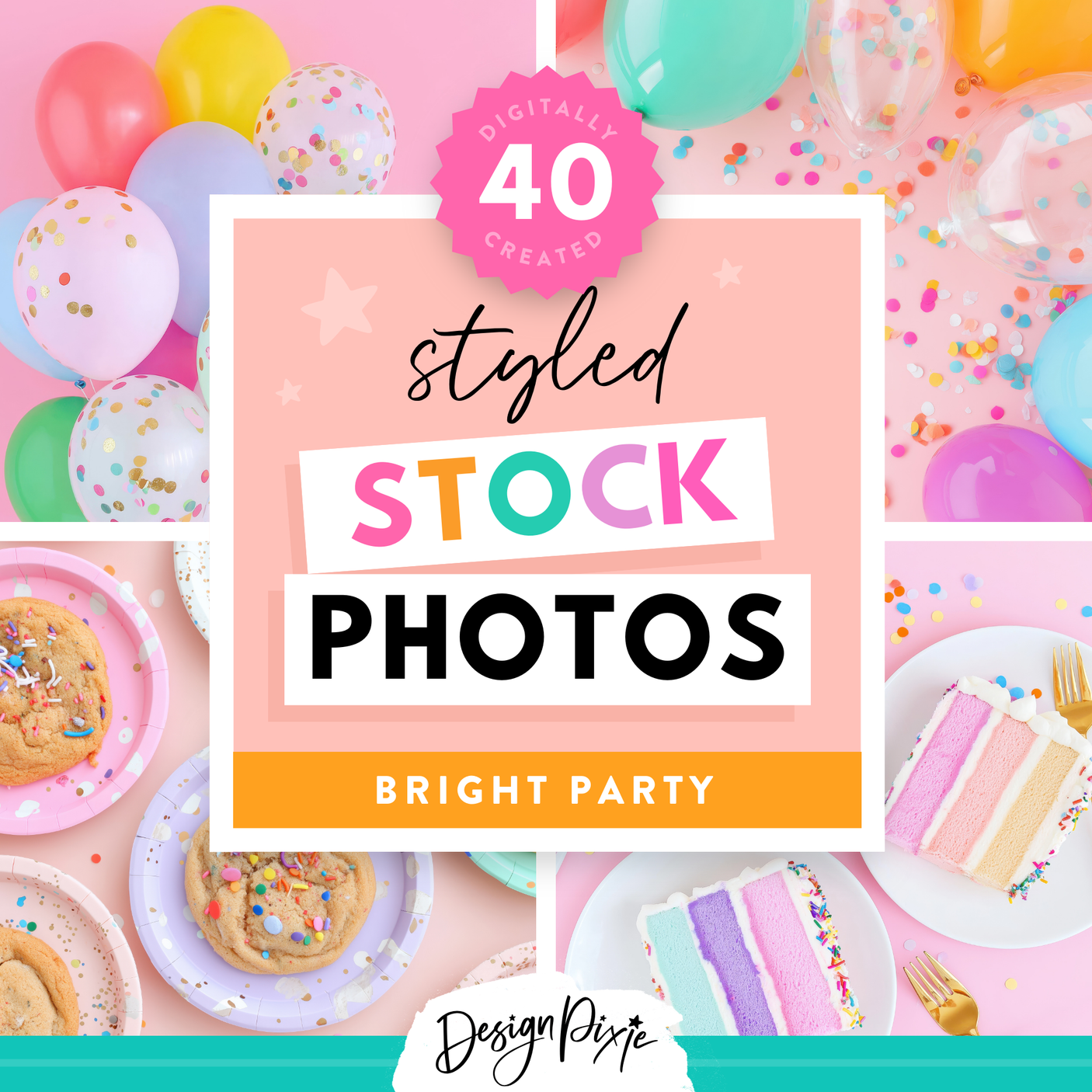 Bright party stock photos with balloons, cake, confetti and more