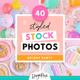 Bright party stock photos with balloons, cake, confetti and more