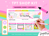 TPT Shop Kit with banners, icons, and listing templates for Teachers Pay Teachers stores.