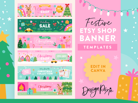 Colorful Christmas Etsy shop banner templates to edit in Canva