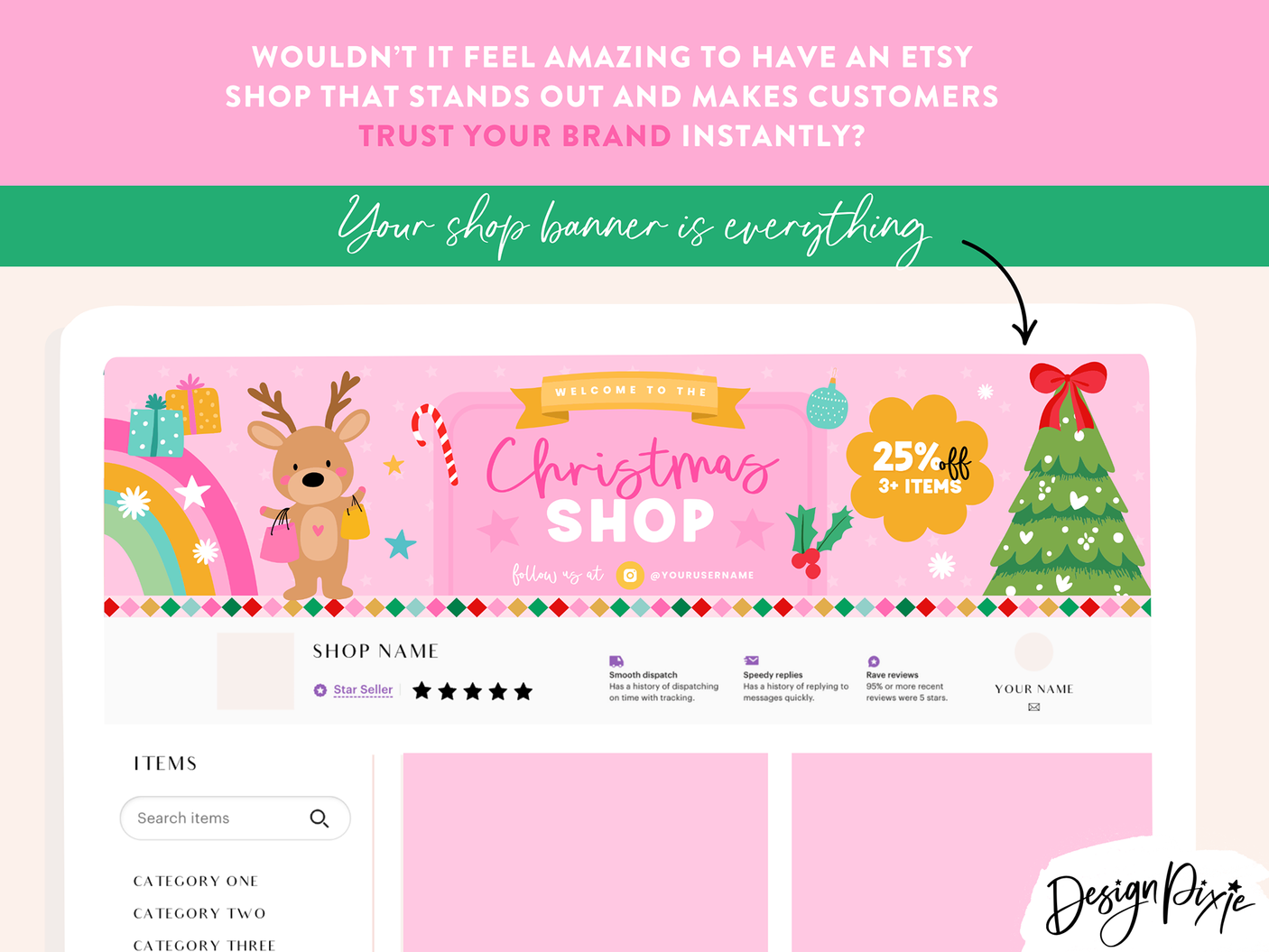 Pink Christmas Etsy shop banner with reindeer, tree, and gift elements.