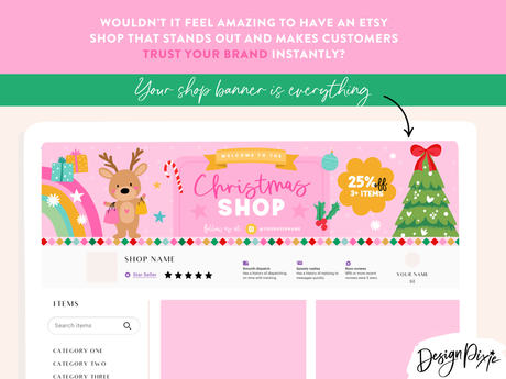 Pink Christmas Etsy shop banner with reindeer, tree, and gift elements.