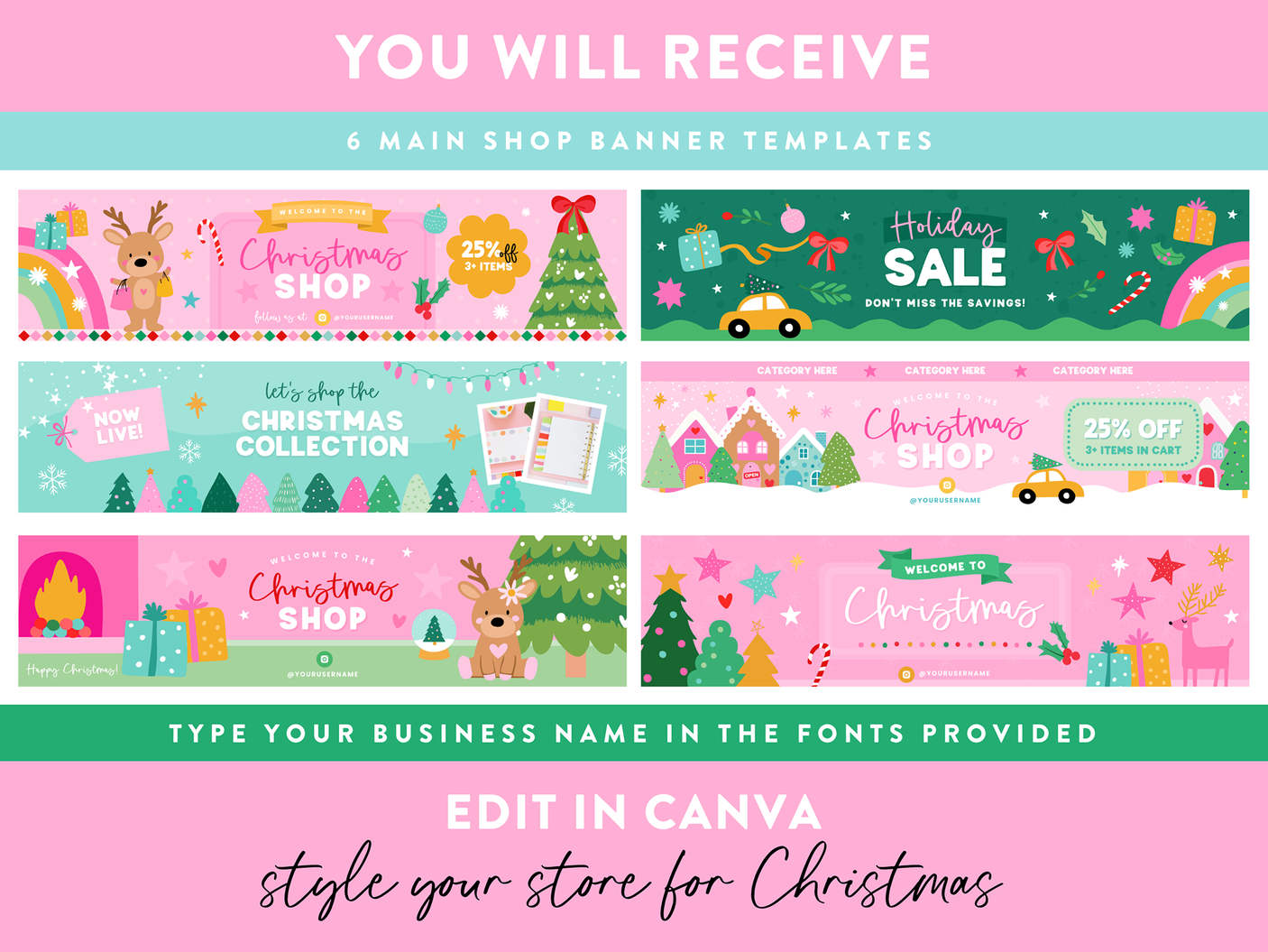 Editable Christmas Etsy banners in Canva featuring bright colors, custom fonts, and cute holiday illustrations.