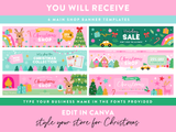 Editable Christmas Etsy banners in Canva featuring bright colors, custom fonts, and cute holiday illustrations.