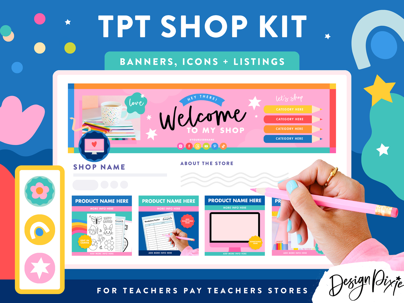 Colorful TPT Shop Kit with banners, icons, and listing templates for Teachers Pay Teachers stores.