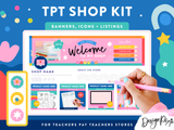 Colorful TPT Shop Kit with banners, icons, and listing templates for Teachers Pay Teachers stores.