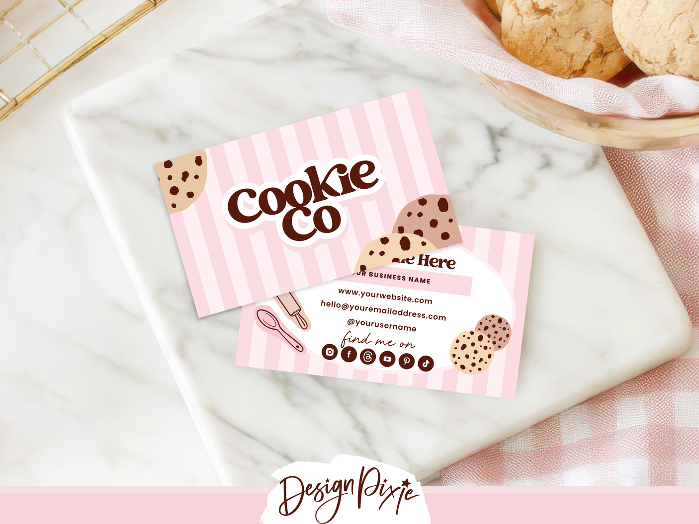 Cookie shop business card template, editable in Canva. Pink bakery branding aesthetic.