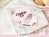 Cookie shop business card template, editable in Canva. Pink bakery branding aesthetic.