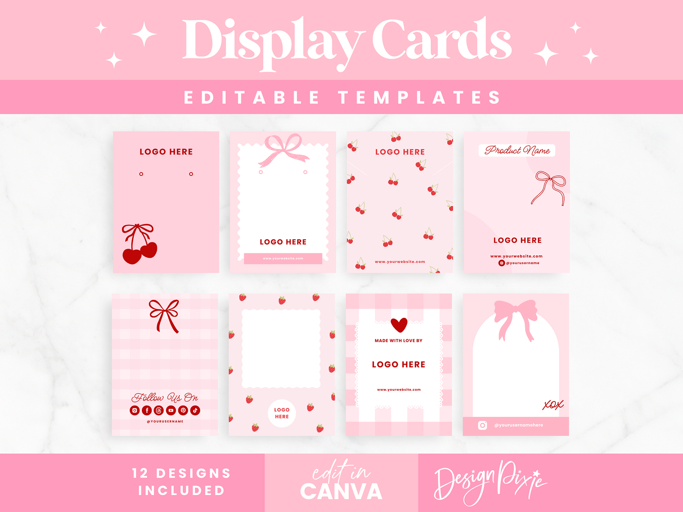 Coquette display card templates to edit in Canva for product packaging and backing cards