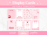 Coquette display card templates to edit in Canva for product packaging and backing cards