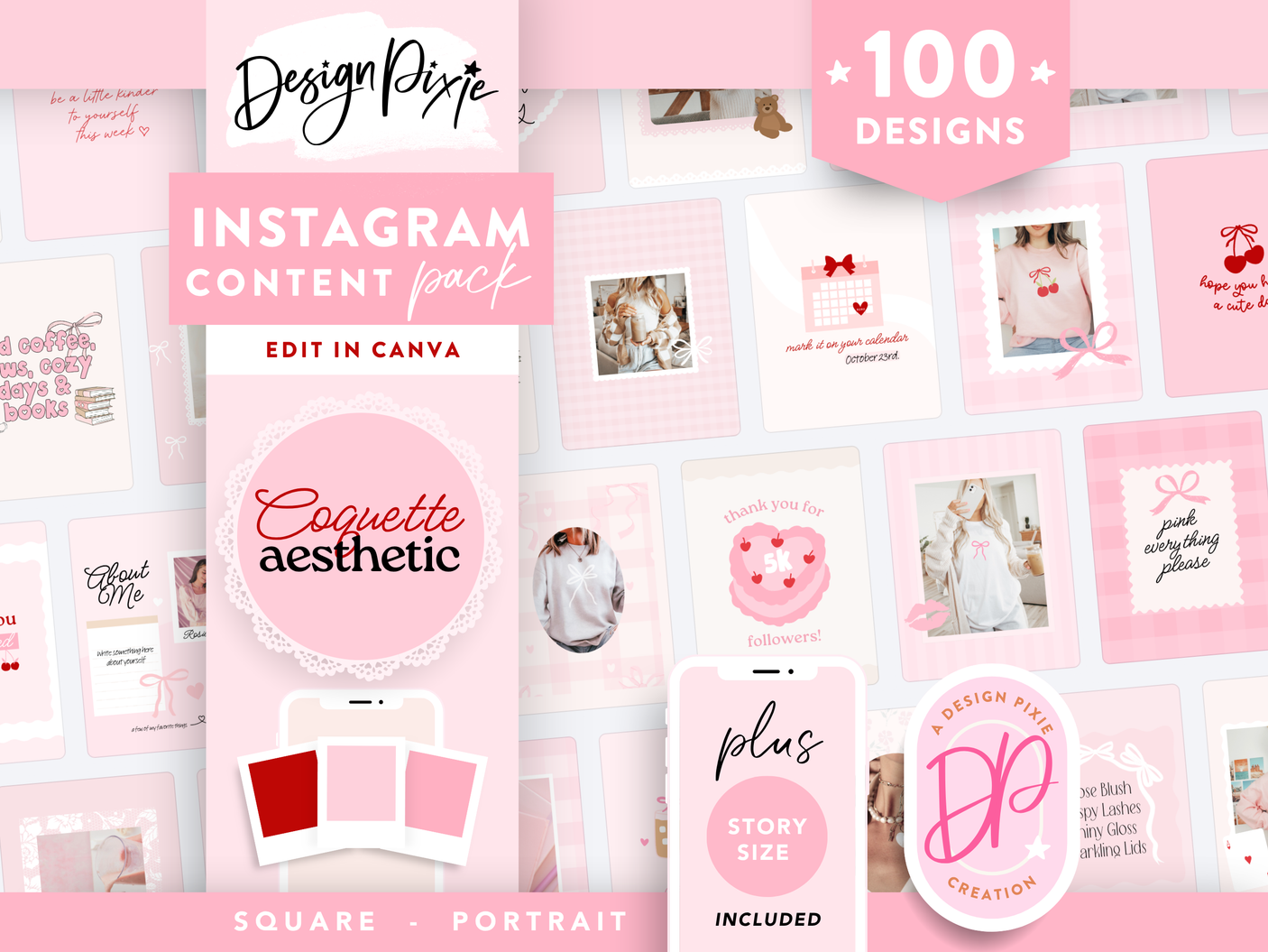 Coquette Instagram templates to edit in Canva with girly pink designs, cherries, gingham, bows and other cute aesthetic details.