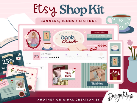 Bookish Etsy Shop Kit for Canva with cozy cottagecore branding templates including shop banners, listing images, and icons for creative sellers