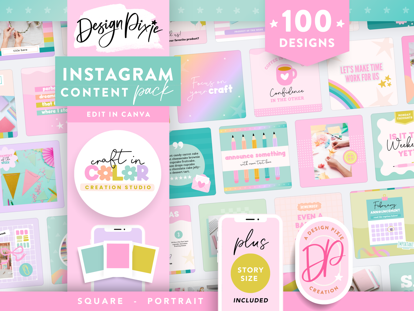 Craft Instagram templates for posts and stories, editable in Canva in rainbow colors for crafters