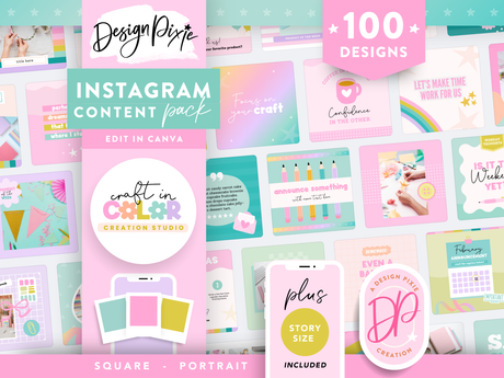 Craft Instagram templates for posts and stories, editable in Canva in rainbow colors for crafters