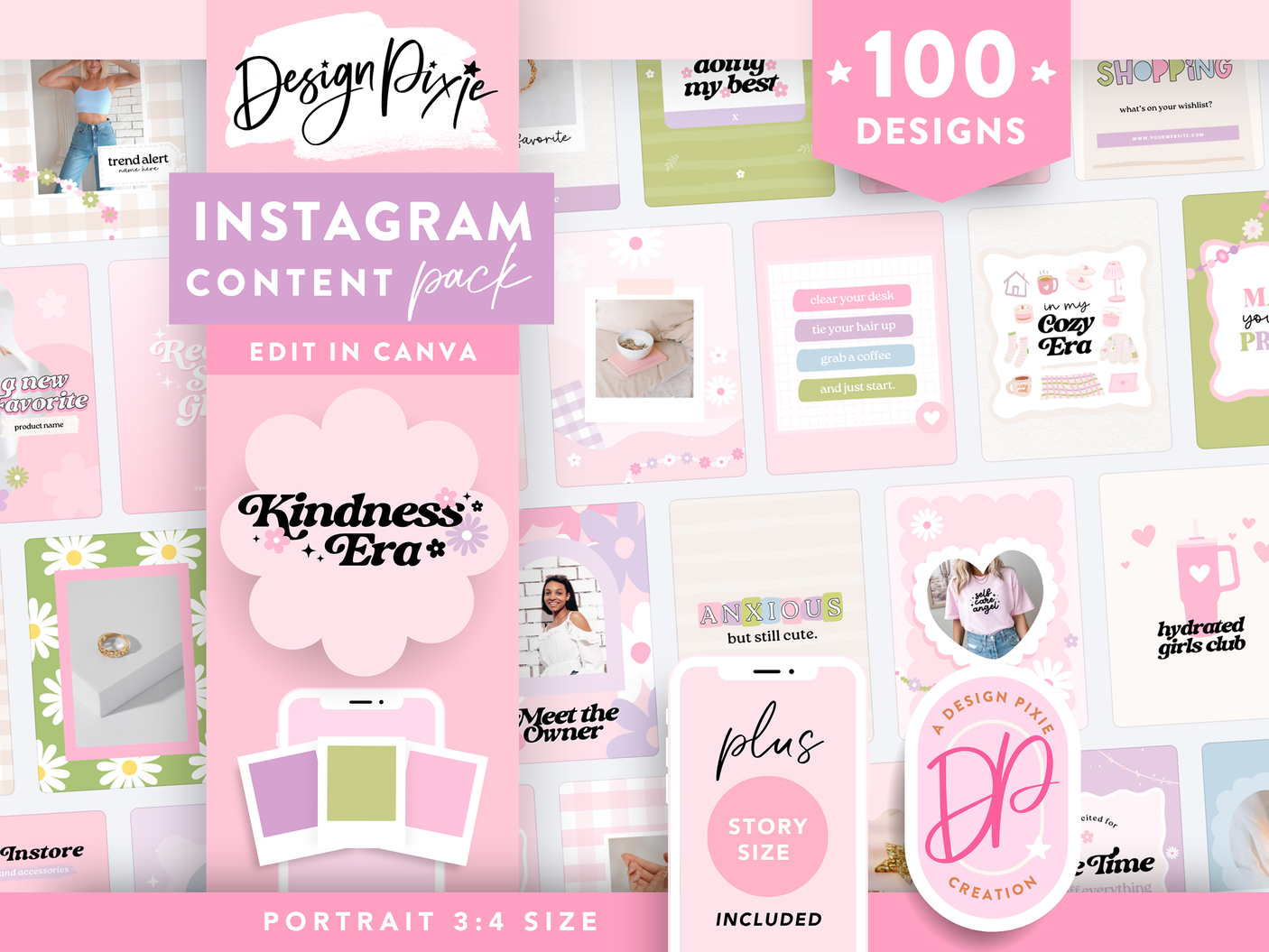 Pretty pastel Instagram templates for posts and story ideas to edit in Canva. Featuring pink and purple with cute girly graphics, flowers and more.