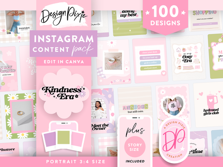 Pretty pastel Instagram templates for posts and story ideas to edit in Canva. Featuring pink and purple with cute girly graphics, flowers and more.