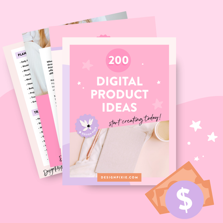 Digital product ideas book with a pink cover on a pink background