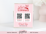 Lets Connect sign template to edit in Canva featuring pretty pink and red colors, cherries and frills. Editable follow us sign template with QR codes.