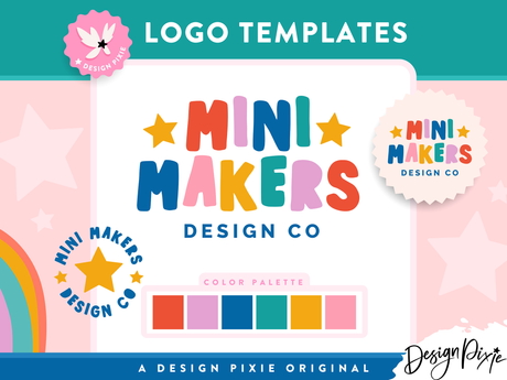 Fun colourful logo design in bright primary colors and playful font, editable in Canva for kids business