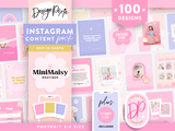 Girly boutique Instagram templates to edit in Canva in shades of pink, purple and yellow. Post and story ideas for handmade business that sells hair bows, clips, scrunchies and girly accessories
