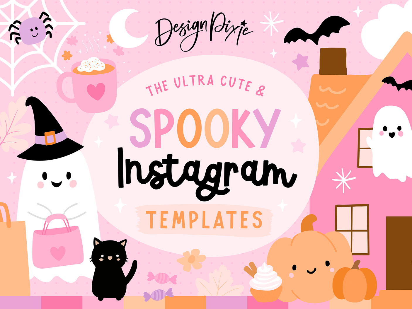 Pink Halloween and fall themed Instagram post and story templates to edit in Canva with cute ghosts, pumpkins and more