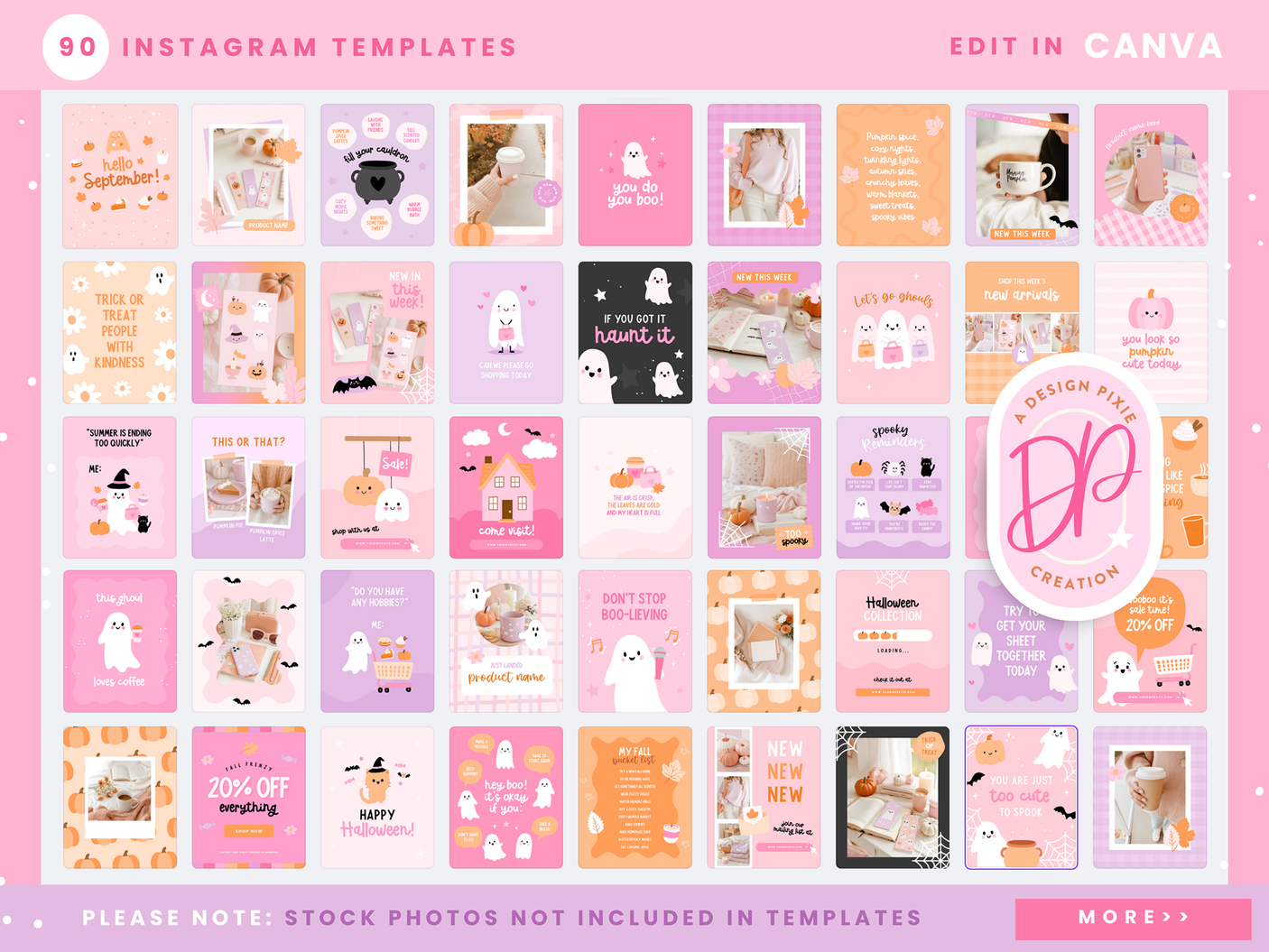 Pink halloween Instagram templates with posts and story ideas, editable in Canva for fall season