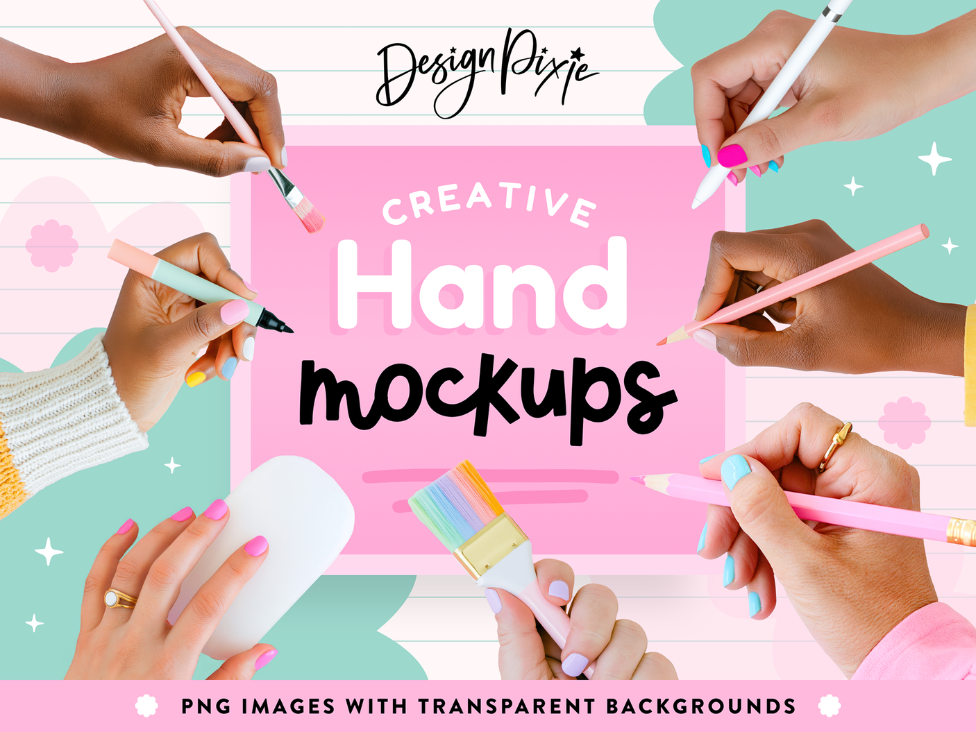 Creative hand mockups with hand holding pencil, computer mouse, scissors, paint brush and more.