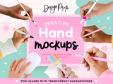 Creative hand mockups with hand holding pencil, computer mouse, scissors, paint brush and more.