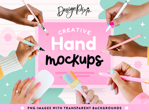 Creative hand mockups with hand holding pencil, computer mouse, scissors, paint brush and more.