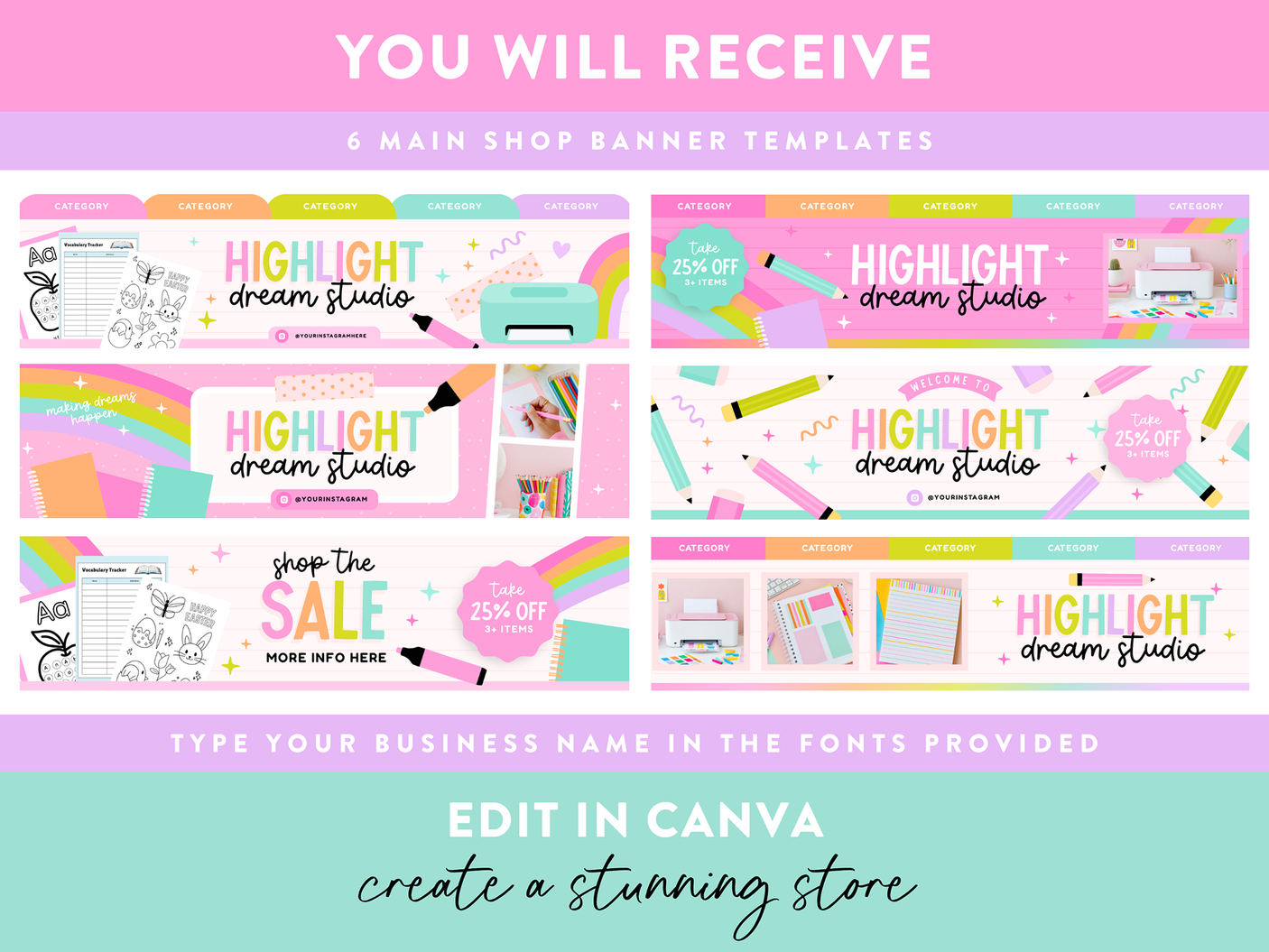 Rainbow Highlighter Etsy Shop Banner Templates