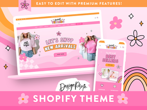Pink Shopify theme design with cute graphics and retro elements