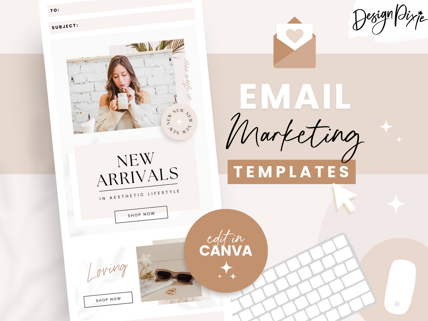 Minimal neutral email marketing templates to edit in Canva in an aesthetic beige and white design