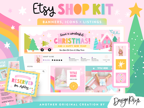 Pastel Christmas Etsy shop kit with banner templates to edit in Canva