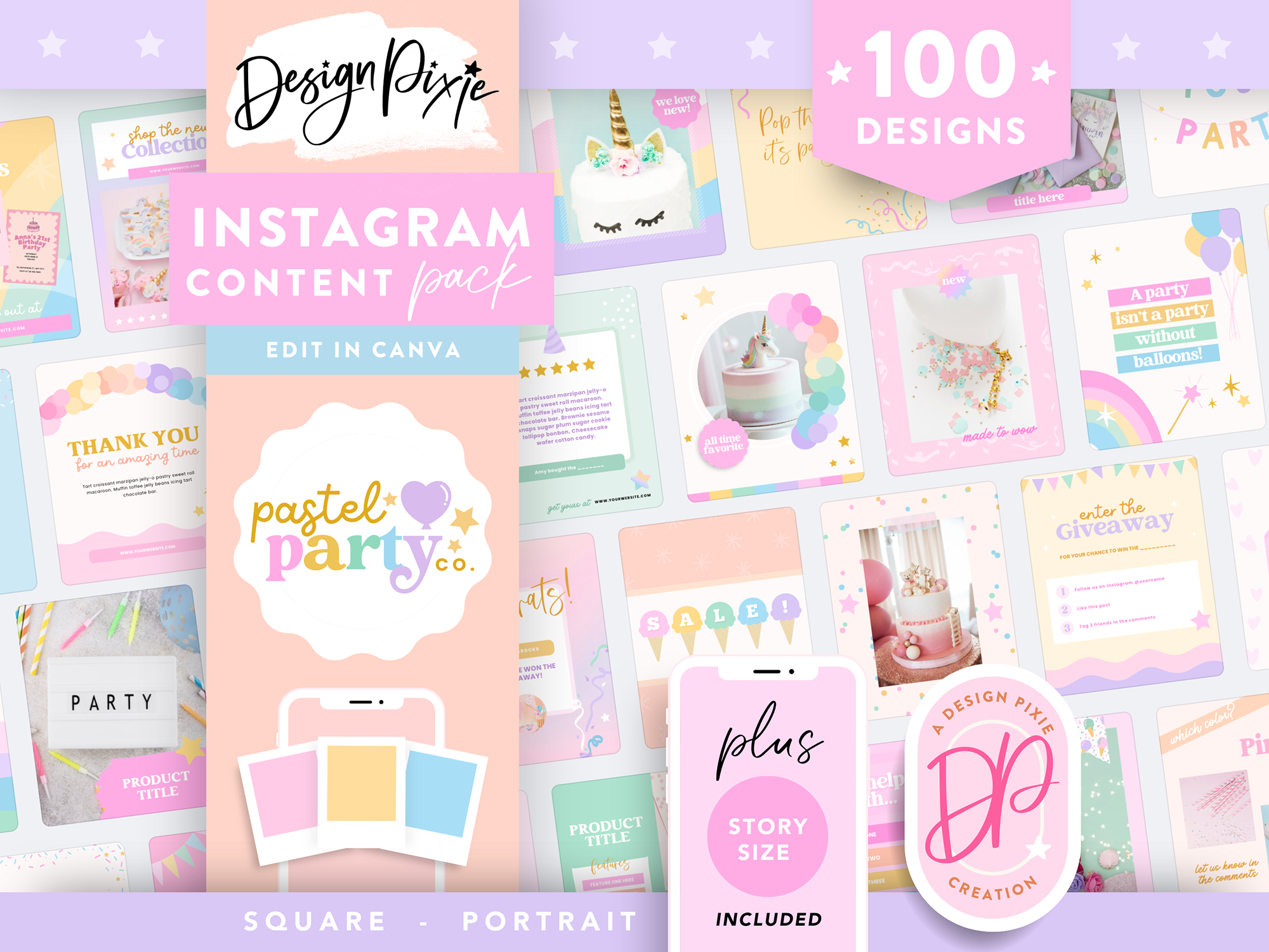 Pastel party Instagram post templates to edit in Canva for party business ideas
