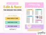 Pastel Party Price List Template