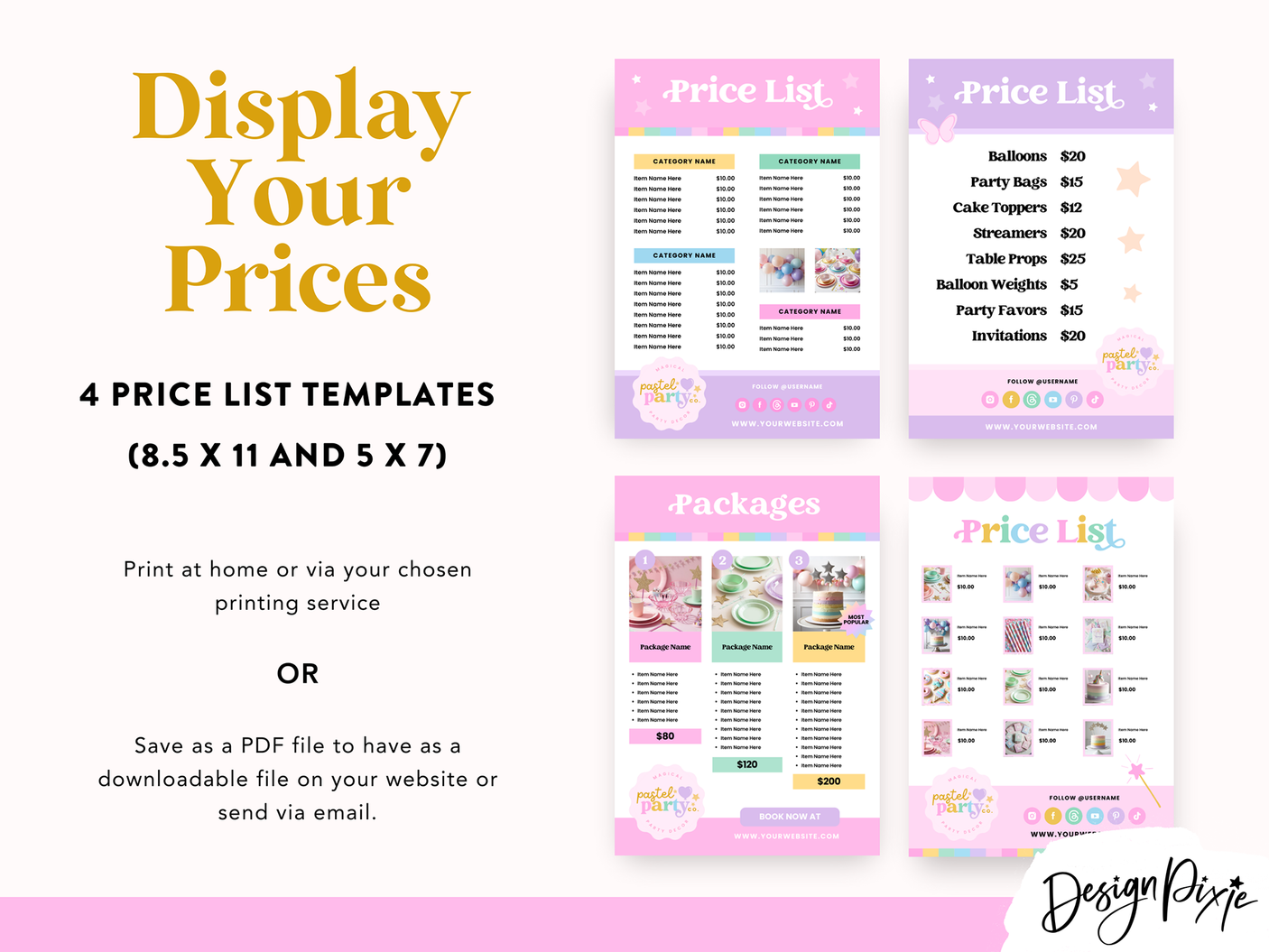 Pastel Party Price List Template