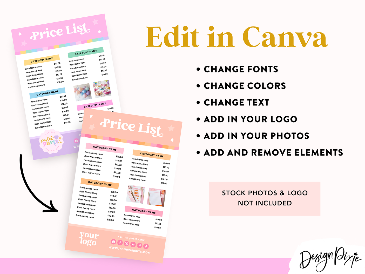 Pastel Party Price List Template