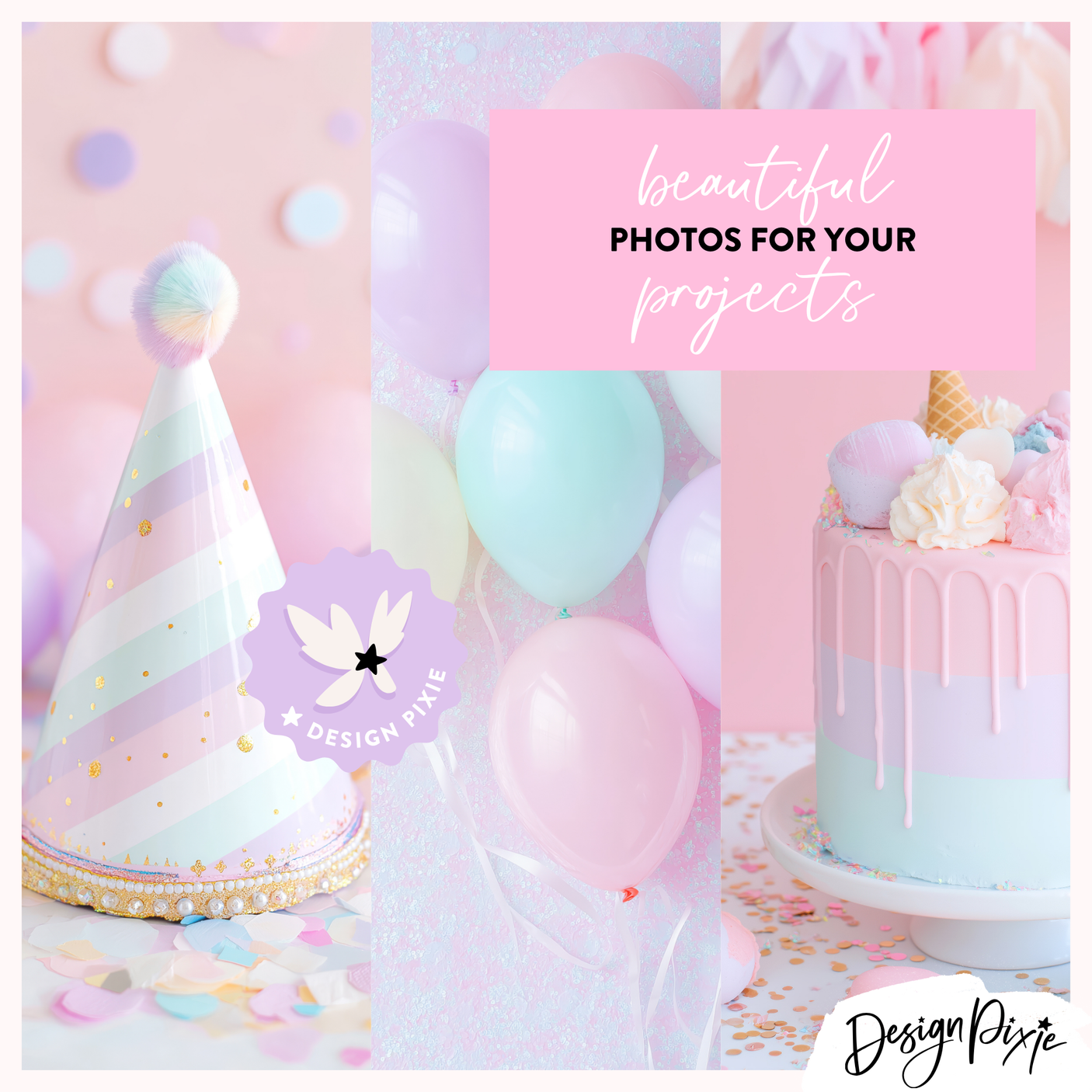 party stock images in pastel colors with balloons and cakes