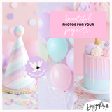 party stock images in pastel colors with balloons and cakes
