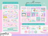 Collection of TPT store banner and listing image templates with colorful design elements on a pink and blue background.