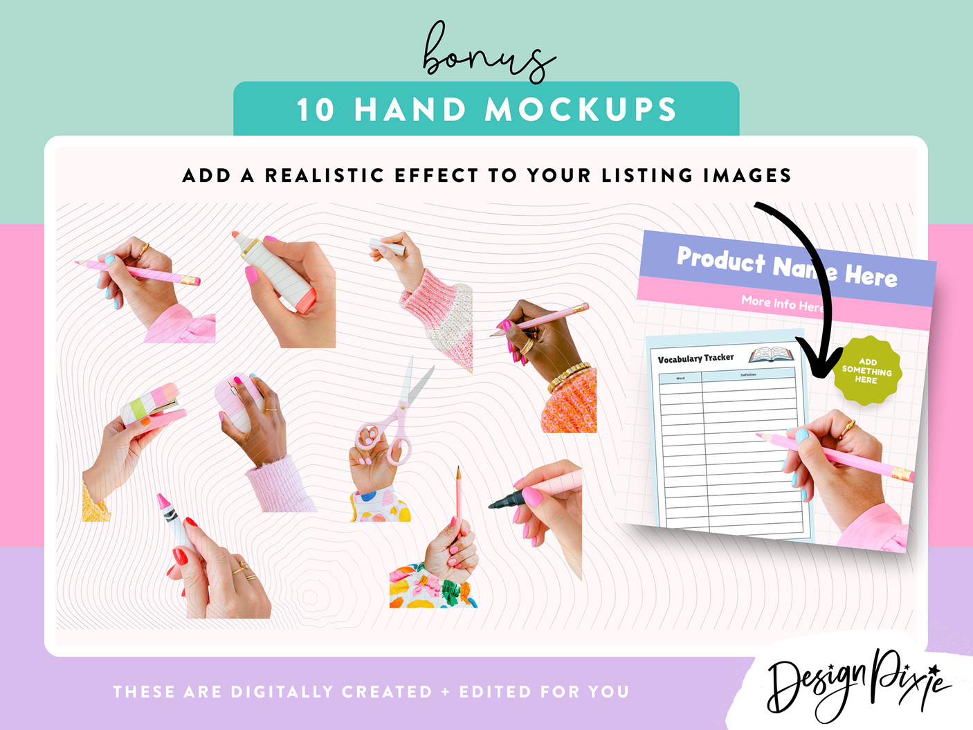 Promotional graphic for 10 hand mockups with a product name placeholder on a colorful background.